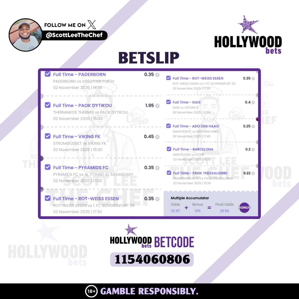 ☔️ Hollywooodbets TICKET:

🌟 STRAIGHT WIN

⏳ KICK-OFF @ 14:30

🧾 BETCODE 👉 1154060806

📲 COPY BETSLIP 👉 hollywoodbets.net/betting/115406…

——————
👨🏽‍🍳 Register NOW n LET WIN!

📲 Open a  <a href="/Hollywoodbets/">Hollywoodbets</a> account now!
💰 Get your Welcome offer : R25 &amp; 50 free spins instantly!
🔗 Sign up