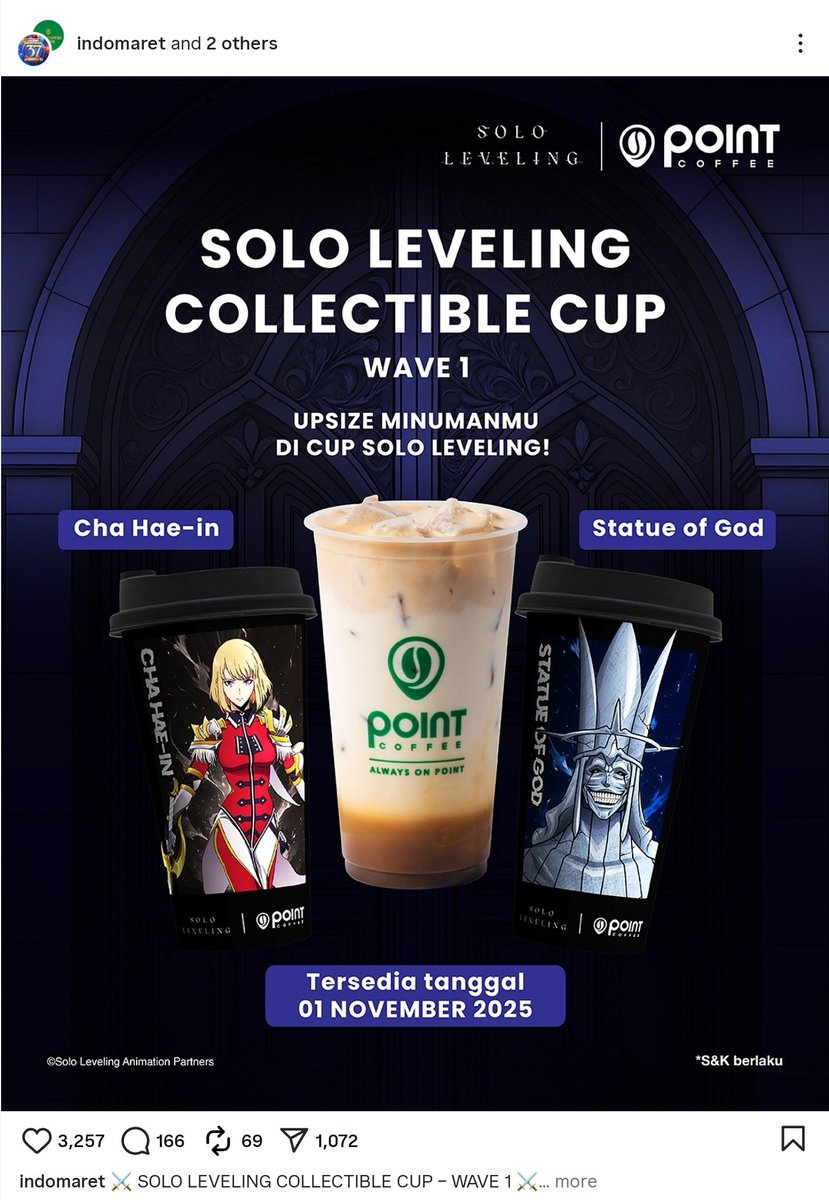 tira_misushi's tweet photo. Ih kesel bangett!! Aku ud antri lamaa tapi cup Solo sold out didepan mata!? 😭 Ga expect banget Point Coffee kolab sama Solo Leveling ga sih!? 😤 https://t.co/6nxoeEr7Cd