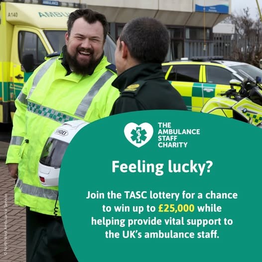 Join the TASC lottery for a chance to win £25,000 every week
You can join for as little as £1, &amp; at least 50p of every £1spent will go towards supporting the wellbeing of the UK’s ambulance staff
ow.ly/uwku50Xic14 
Over 16s &amp; UK residents only. T&amp;Cs apply. Be Gamble Aware.