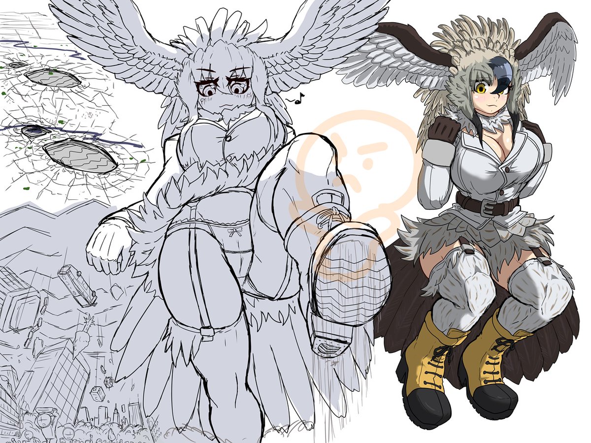 再掲だけど、巨大サルクイワシちゃんは唐突にぴゅーっと飛んできて大都市級のコビトの巣を数十踏みで足跡に変えて、颯爽と飛び去って行くイメージの娘なの。
ワシだから、身長数百km位の大きさになってもコビトの表情をはっきり見れるほど目がいいから絶望の表情も見てくれてるの。そのうち清書したい