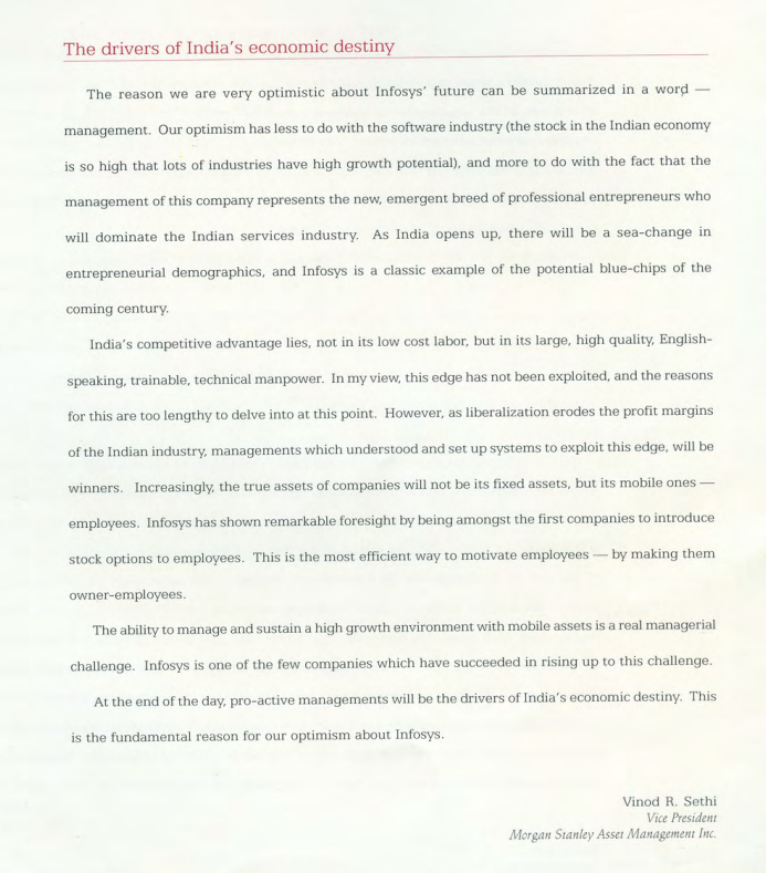 safalniveshak's tweet image. "Pro-active managements will be the drivers of India's economic destiny. This is the fundamental reason for our optimism about Infosys."

—Vinod Sethi in Infosys' 1994-95 annual report

Not specific to Infosys, but this idea is much relevant even 30 years later.