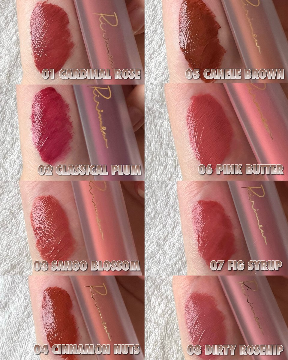 #Ririmew #リリミュウ #gifted 

Ririmew (<a href="/ririmew/">ririmew_official</a> )
センシュアルフィックスティント

全8色スウォッチしてみました🧁🌙

秋冬に使いたいこっくり系リップで
色持ちも発色もかなりいいです𓂃🥀𓈒𓏸
早く毎日メイクに取り入れたいなあ😽

お気に入りカラーは01、02、08！