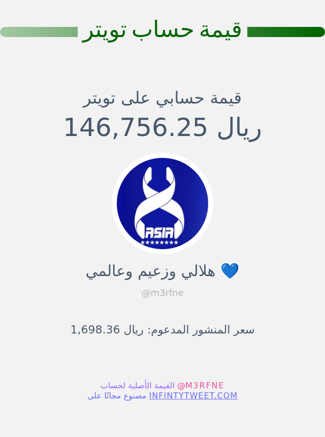قيمة حسابي على تويتر هي: ١٤٦٬٧٥٦٫٢٥ ريال 

⬅️ infintytweet.me/account-worth?…