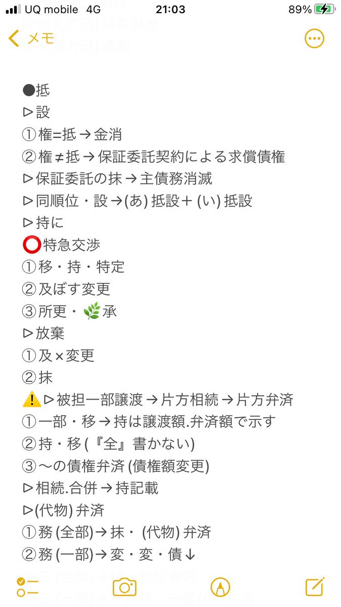 tanuki0917's tweet photo. 司法書士試験  記録⑨

⭐️記述の攻略

●解法は必要か？

解法がなくても問題は解けると思いますが、時間が不足しがちな司法書士試験では使う方が無難だと思います。

●どの解法が良い？

自分はリアリの解法本しか読んだことがないので他の解法と比較はできませんが、基準としては「一貫性があるか」だと思います。問題によって解き方が大きく変わる場合(そんな解法はないのかもしれません)は緊張して頭が働かない本試験の現場で無駄な思考を増やしミスを誘発するリスクになります。現場ではできるだけ機械的に冷静に問題を処理してミスを減らすことが重要だと思います。自分でコントロールが難しいこと(緊張、周りの受験生の挙動、難問奇問、会場トラブルなど)以外は事前に対処すべきです。

●やった分量

①解法本
②問題集2冊
③模試2回
④過去問1年分

●やりたかった(やるべき)分量

①解法本
②問題集2冊
③模試2回
④過去問10年分
⑤(答練)

記述は択一とは違いなるべく多くの引っ掛けパターンに対して準備することが大切だと思います。不意の出来事より予期していた出来事の方が対処しやすいということです。時間があれば少しでも様々な問題に触れてパターンを抽出し、何かにまとめておいて直前期に高速で回転させると良いです。何枚か写真載せておきます。

次回から自分がまとめた各解法手順での基本的な流れ、気をつけていたことひっかけパターンを少しずつ書いていきます。
