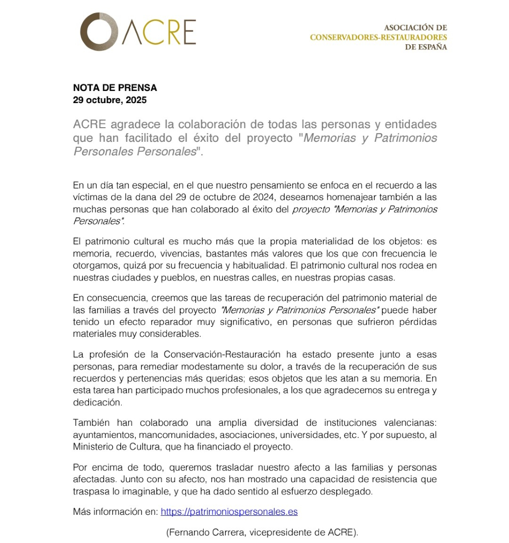 Un año del 29/10
ACRE publica Nota de Prensa sobre el Proyecto Memorias y Patrimonios Personales para la restauración de objetos dañados por la DANA, hecho por ACRE y financiado por el Ministerio de Cultura
f.mtr.cool/xgzdaclprf