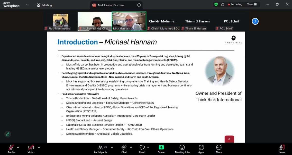 Mamedov1703's tweet photo. Just attended an insightful webinar by Mick Hannam, Owner &amp; President of Think Risk International.
We discussed building a safety mindset, risk awareness, oil and gas industries and leadership responsibility in high-risk industries.
#Leadership #SafetyCulture #ThinkRisk https://t.co/B6y43CGuzy