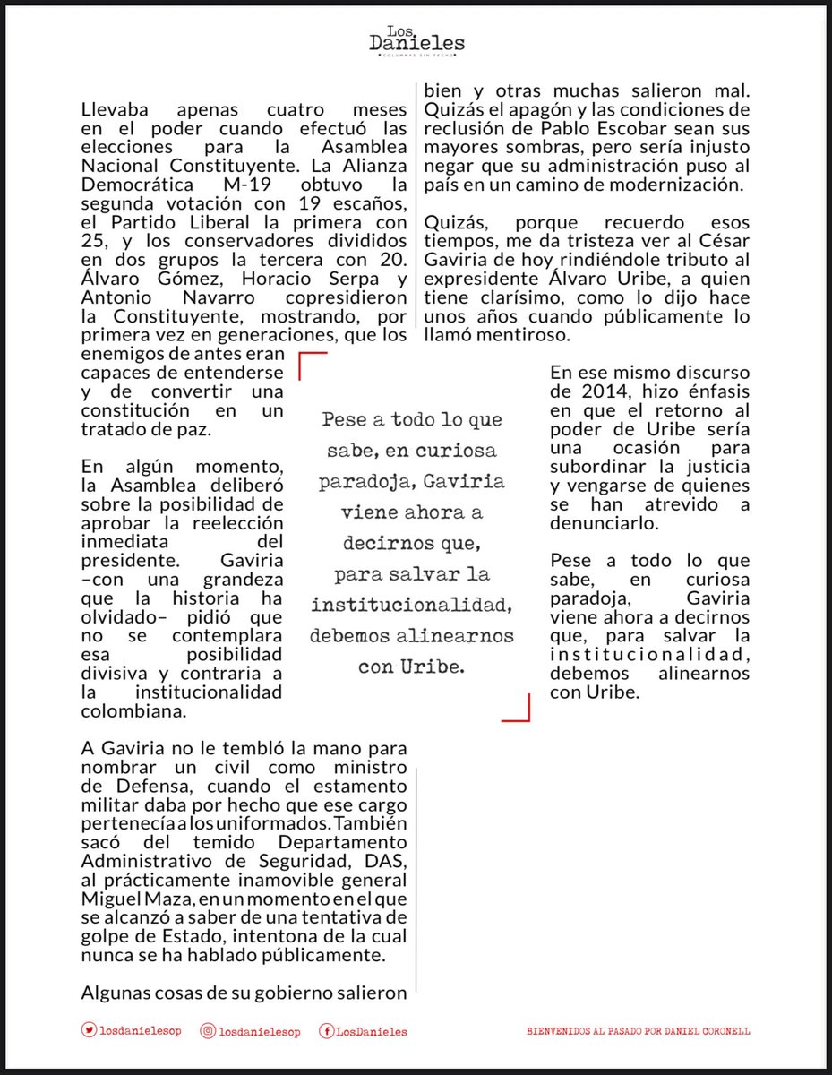 Omar_Comunes's tweet photo. #BienvenidosAlPasado
Gaviria dice que para “salvar la institucionalidad” hay que alinearse con Uribe. Eso no es defender la democracia: es sostener el mismo poder corrupto de siempre. No cuidan instituciones, cuidan sus privilegios.
 Tomado de : @DCoronell https://t.co/HekbxSztZL