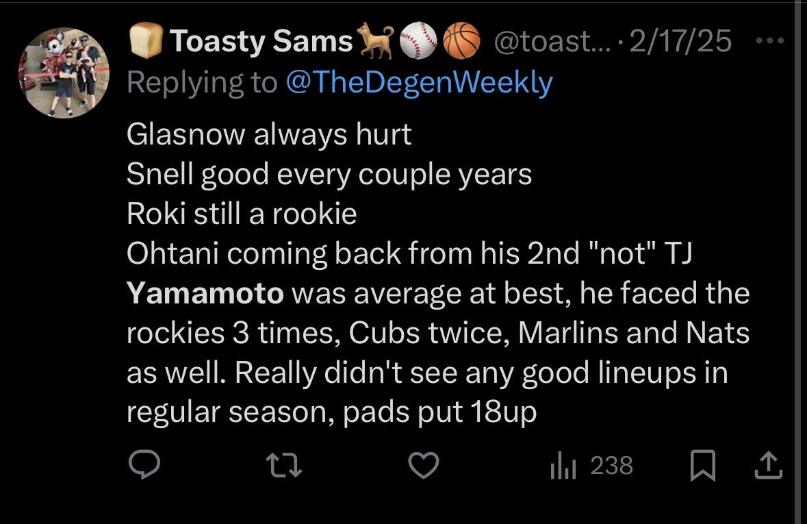 Esai__'s tweet photo. @toastsams13 Toast before the season: “Yamamoto was average at best” https://t.co/9m25fLALjQ