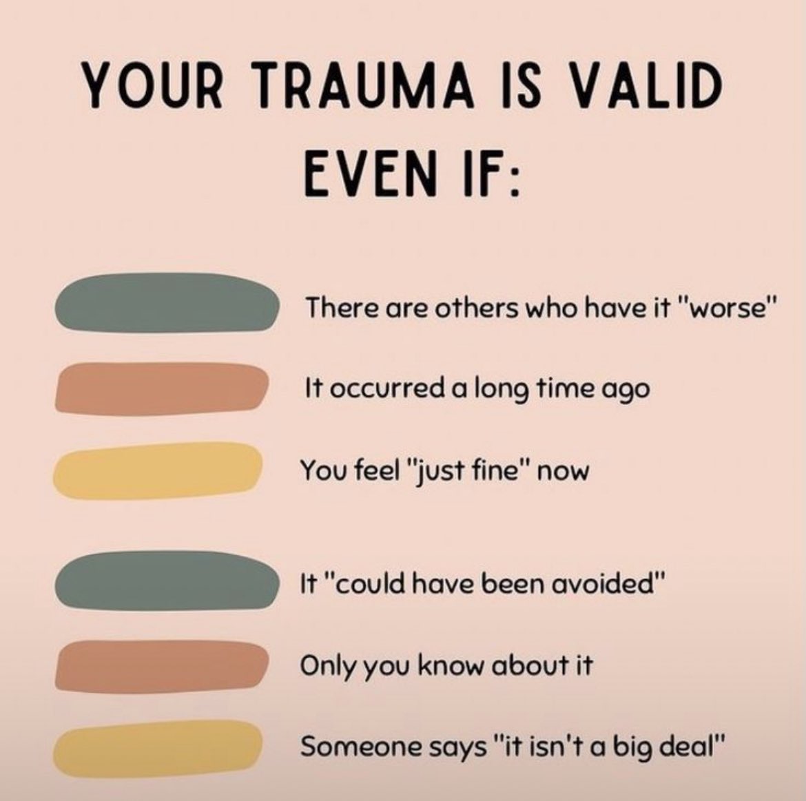 AnnaC_Hough's tweet photo. Your trauma is valid even if almost everyone compares it to someone else’s and says theirs is more valid than yours - and then tells you to “stop comparing your trauma to other people’s!!!” when you tell them that your trauma matters too. It’s #MeToo, not #MeOnly. https://t.co/075RdlsYnY