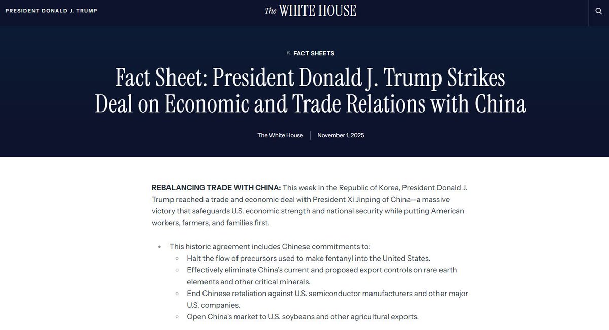 🇺🇸🇨🇳 BREAKING: USA &amp; China schließen Deal!

🇨🇳 China:
➟ Alle US-Zölle &amp; Vergeltungsmaßnahmen beendet
➟ Exportverbote für Seltene Erden aufgehoben
➟ Fentanyl-Ausfuhr wird gestoppt
➟ Riesige US-Agrarkäufe (12 Mio. t ab 2025, 25 Mio. t/Jahr bis 2028)

🇺🇸 USA:
➟ Zölle auf China