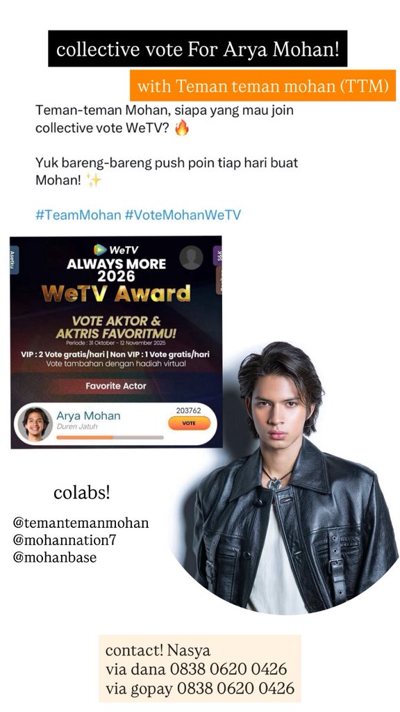 MOHANBASE's tweet photo. Halo teman-teman! Sesuai requesttt~ aku adain collective vote lagi nih 🧡
Start dari 10k per orang, yuk yang mau ikutan boleh daftar sampai 10 Nov yaa! ✨
#CollectiveVoteMohan #WeTVVoteMohan https://t.co/egS7xGBDje