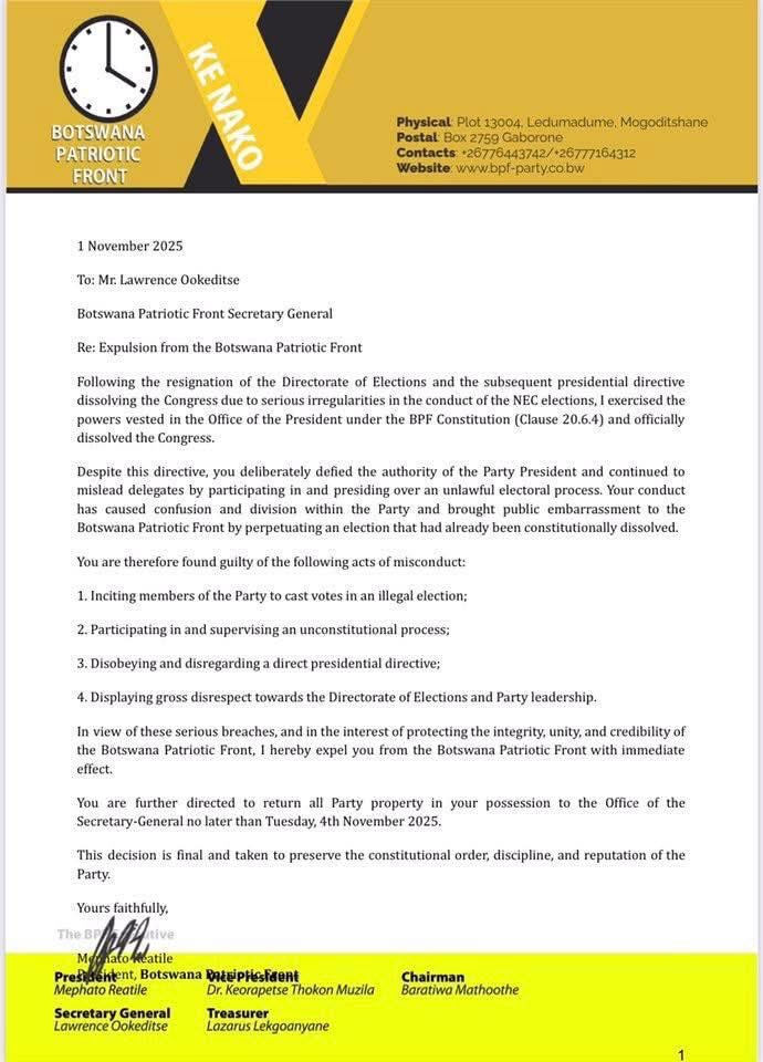 yaronafm's tweet photo. BREAKING ‼️Botswana Patriotic Front (BPF) president Mephato Reatile has expelled MPs Lawrence Ookeditse and Baratiwa Mathoothe from the party, following a chaotic elective congress. https://t.co/LnWpbjzs7S