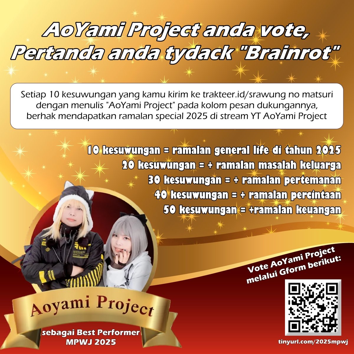 guys, minta tolong bantu vote AoYami Project ya.. kalo ga tau nominasi yg lain, boleh dilewatin aja kok

votenya bisa via trakteer:
trakteer.id/srawung%20no%2…

atau bisa vote via google form:
tinyurl.com/mpwj2025

Mohon dukungannya yaaa~ ⭐
