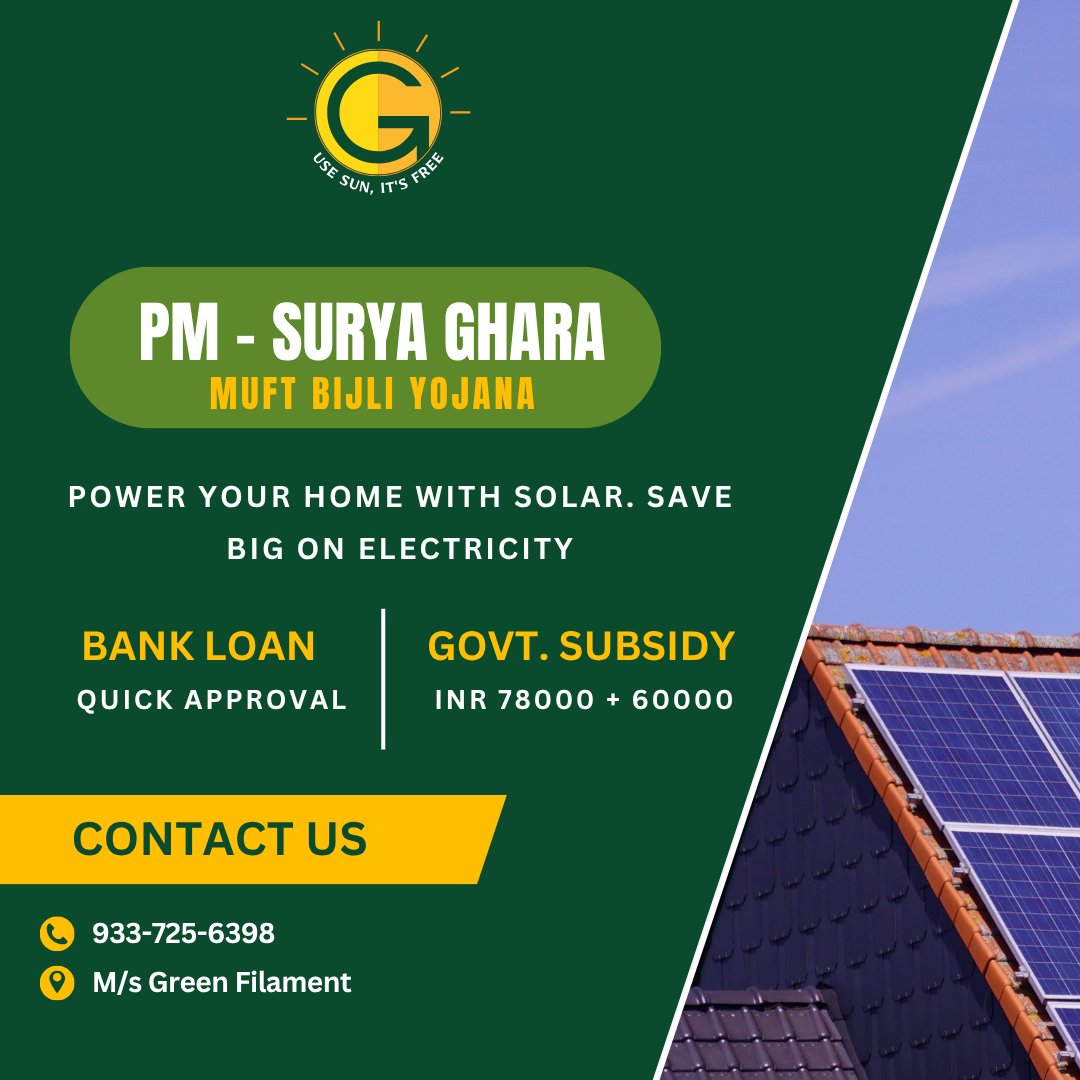 FilamentGreen's tweet photo. **PM Surya Ghar Yojana – 3 kWp Solar On-Grid System** ⚡

Go solar, save more! 🌞
Now power your home with:
🔹 Get up to 300 units of FREE electricity/ month
🔹 Save More, Live Green
🔹 Power Your Home with the Sun 

💸 **Get Government Subsidy Up to ₹1,38,000!** https://t.co/SUE4PWD1NH