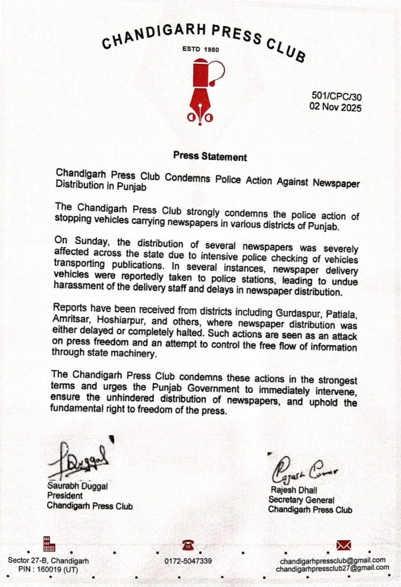 duggal_saurabh's tweet image. The Chandigarh Press Club strongly condemns the police action of stopping vehicles carrying newspapers in various districts of Punjab

Such interference with newspaper distribution is a direct attack on press freedom &amp;amp; free the flow of information
@cpc1980official
#FreedomOfpress