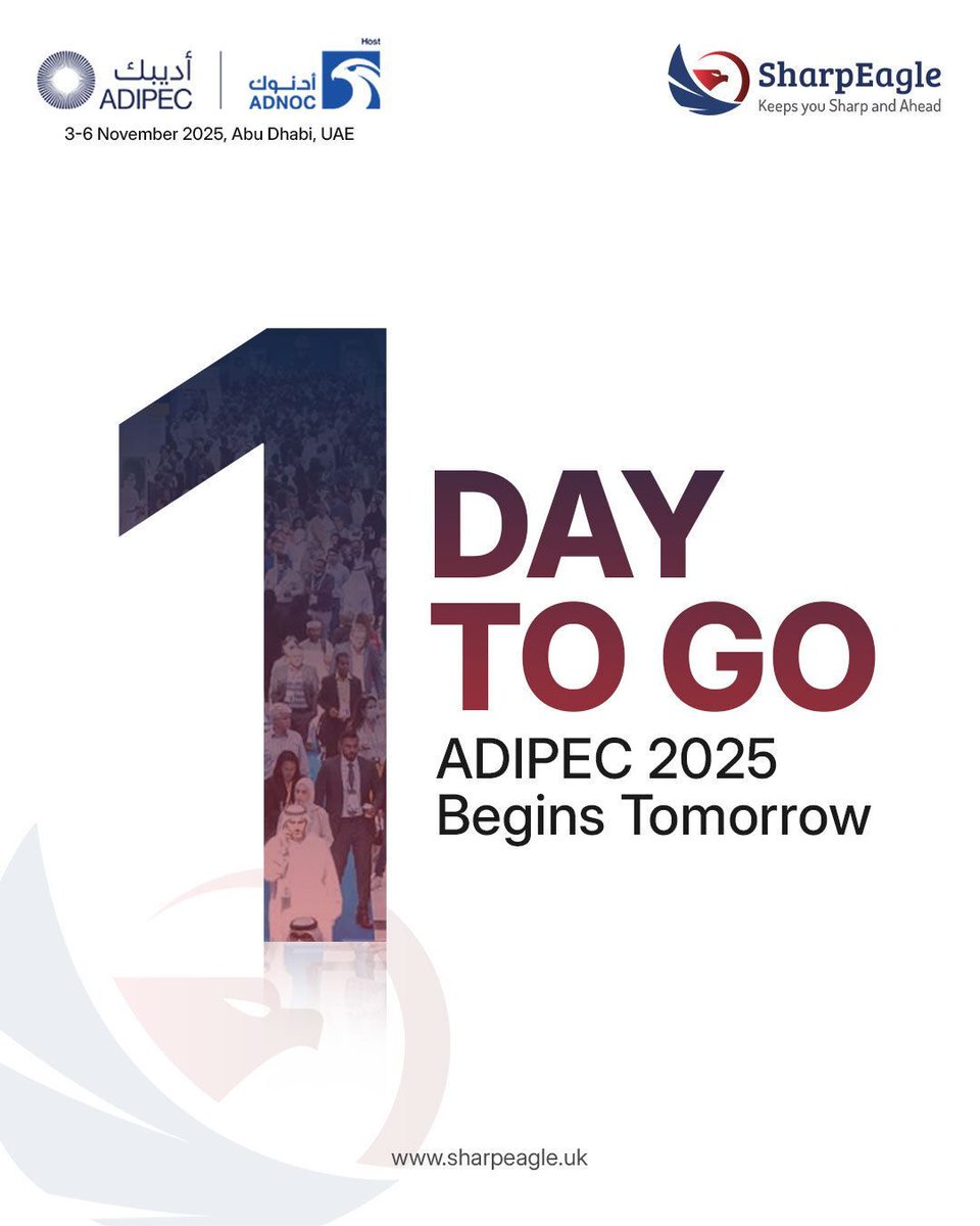sharpeagletv's tweet image. 𝗔𝗗𝗜𝗣𝗘𝗖 2025 𝗯𝗲𝗴𝗶𝗻𝘀 𝘁𝗼𝗺𝗼𝗿𝗿𝗼𝘄! 

Are you ready to experience next-level industrial safety with SharpEagle at the ADIPEC Exhibition and Conference? One day left to witness game-changing innovation in action.

#ADIPEC2025 #SharpEagle #Countdown #1DayLeft #BeThere