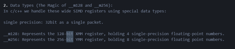 jorasdroid's tweet photo. #day2 
im thinking to first use c++ intrinsic for SIMD instructions before using pure assembly to reduce complexity.
learnt __m128 and __m256 &amp; how each holds single-precision floatin point numbers.
#video_decoding #lowlevelprogramming #intrinsics https://t.co/AFobEydd8b