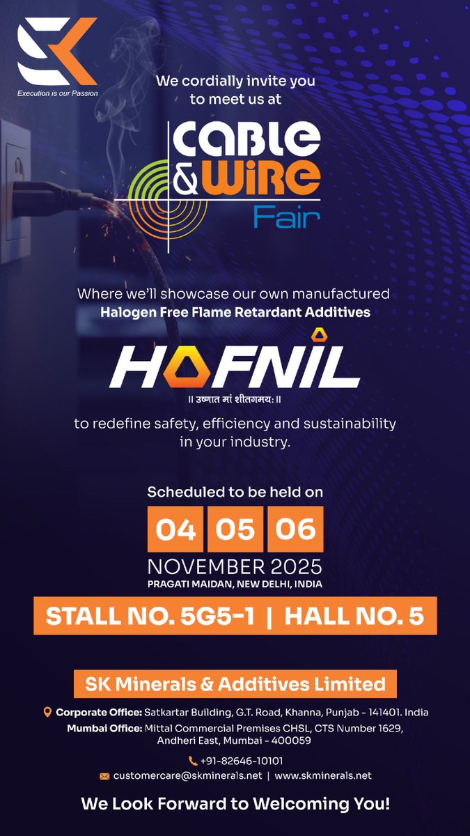 skmadditives's tweet photo. We’re exhibiting at #CableAndWireFair2025!
Meet SK Minerals &amp; Additives Ltd. at Stall 5G5-1, Hall 5, Pragati Maidan, New Delhi (Nov 4–6).
Discover our Halogen Free Flame Retardant Additives (HOFNIL) redefining safety &amp; sustainability.
#HOFNIL #SKMinerals #Innovation https://t.co/wRBuFOIPzS