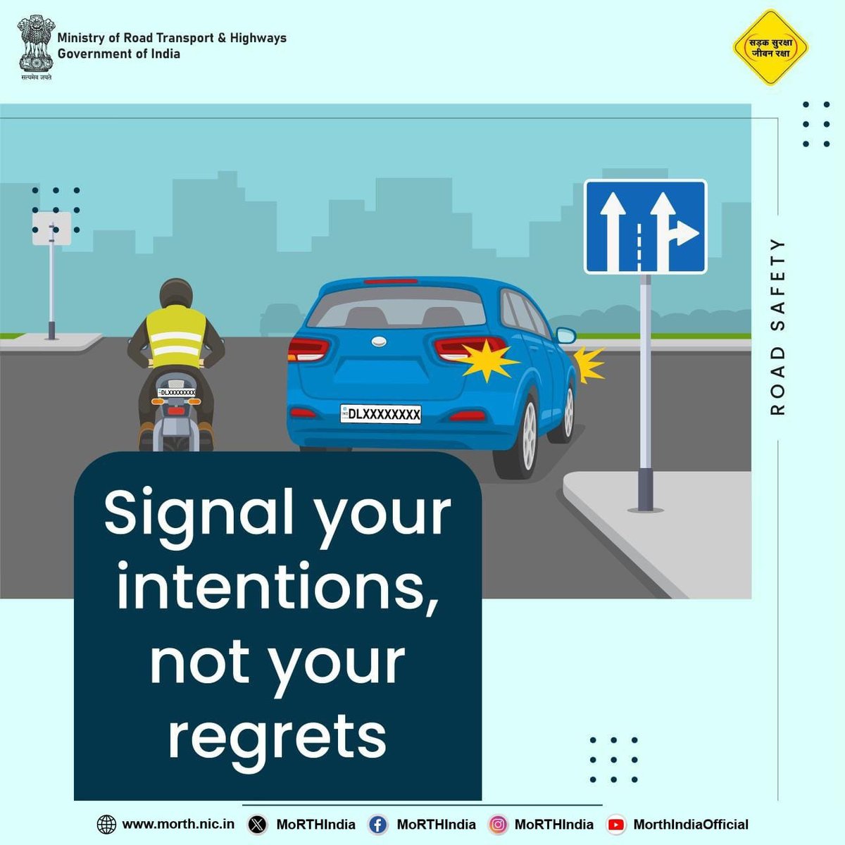 Always use your indicator before making a turn to alert others about your move and prevent collisions. #SadakSurakshaJeevanRaksha #RoadSafety #DriveSafe