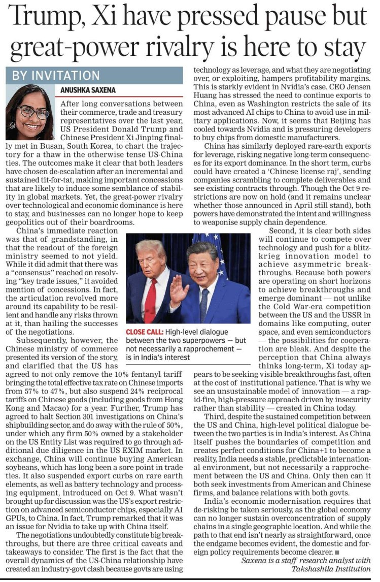 In today's <a href="/timesofindia/">The Times Of India</a>, I write on three takeaways from the latest Xi-Trump meeting – geopolitics is inseparable from boardrooms, a blitzkrieg model of tech innovation will sustain, and high-level dialogue between China and the US is good for India.

timesofindia.indiatimes.com/blogs/toi-edit…
