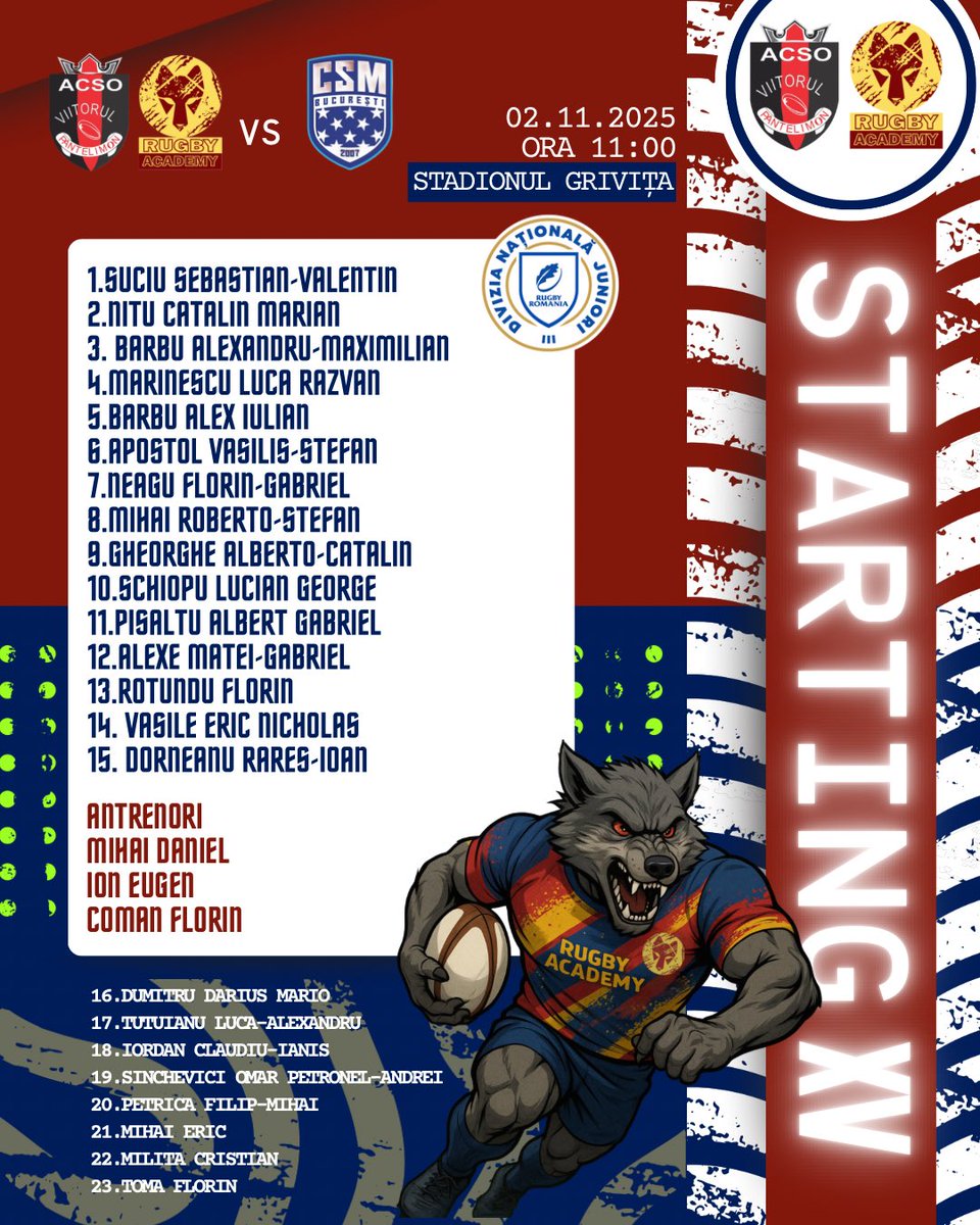 RO_RugbyAcademy's tweet image. 🏉 Lupii pentru meciurile de azi!

📍 Ghencea
🕙 Ora 10:00
🔥 vs CSA/CSS Steaua 

📍 Parcul Copilului
🕚 Ora 11:00
⚡ vs CSM București 

📲 academiaderugby.ro
#partofthewolvespack
#buldingcharacterssince1994
#rugbyacademy
#romanianrugbyacademy
#rugbyromania
#mamiciderugbysti…