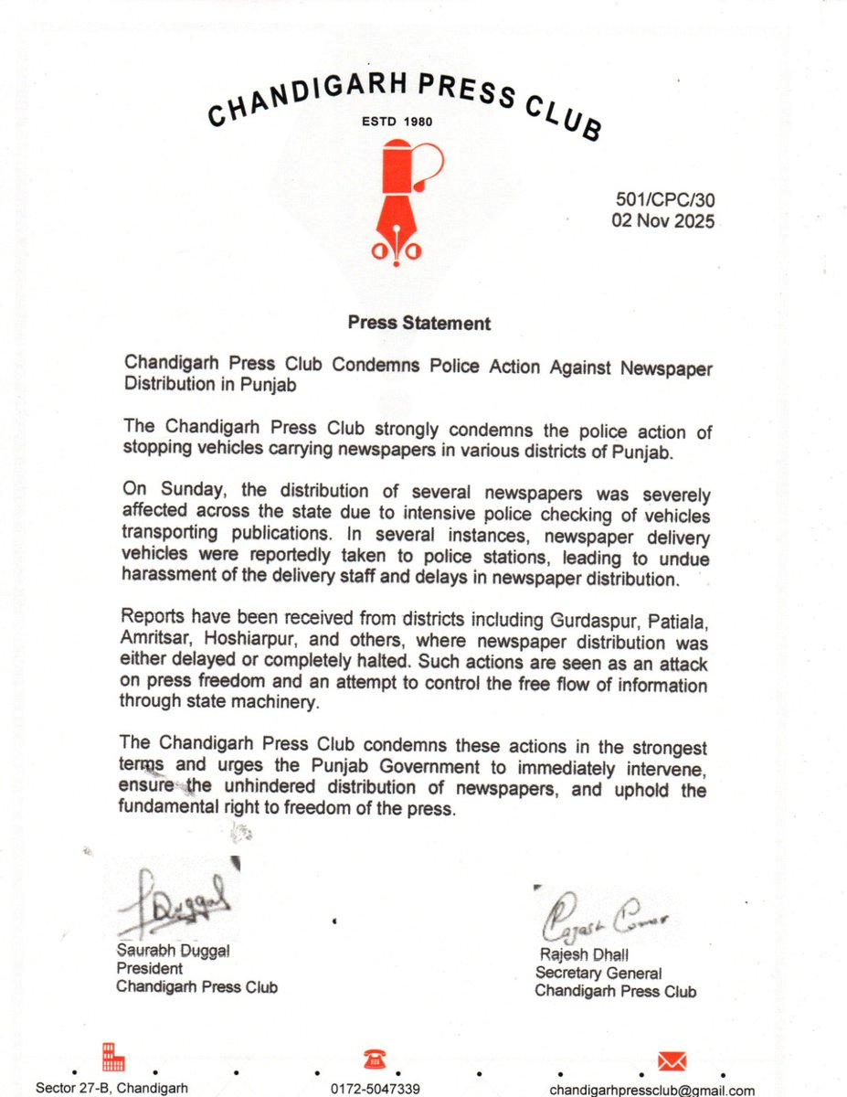 cpc1980official's tweet image. Chandigarh Press Club strongly condemns the police action of stopping vehicles carrying newspapers in various districts of Punjab
Such interference with newspaper distribution is a direct attack on press freedom.

@duggal_saurabh @RajeshDhall @arsh11kaur