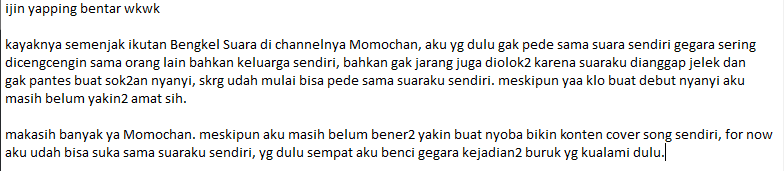 mau meluapkan isi hati dulu sebentar wkwkwk. arigatou ya Momochan atas tips2nya di Bengkel Suara 🥰🥰🥰