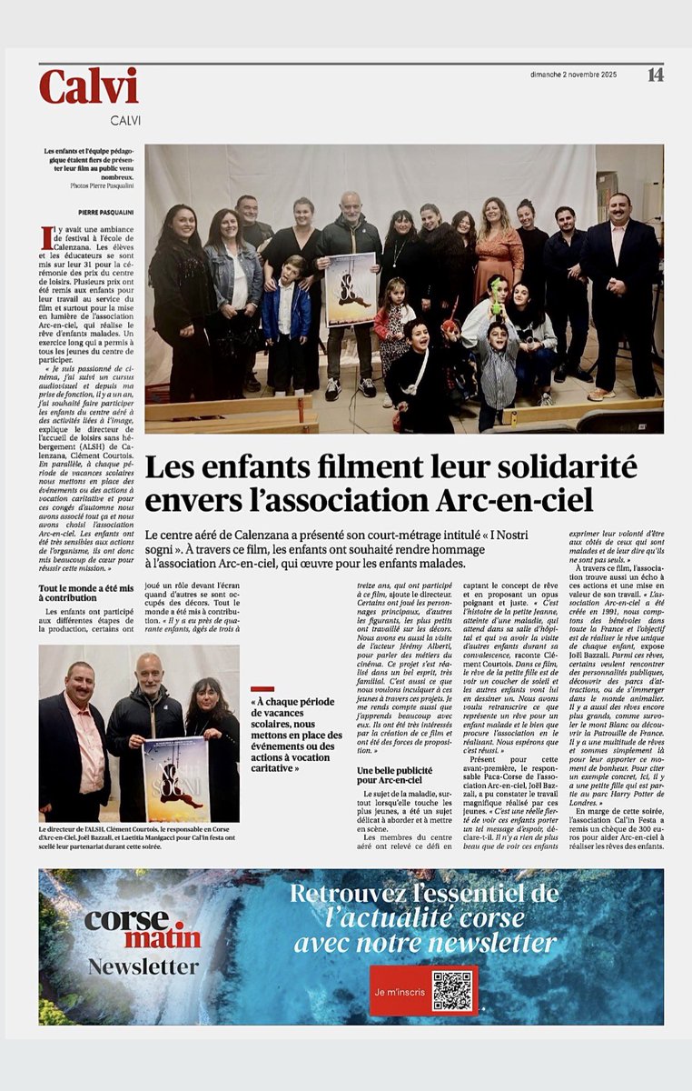 💙 Merci à <a href="/Corse_Matin/">Corse-Matin</a> pour ce bel article mettant en lumière la solidarité des enfants de Calenzana 💫
À travers un film émouvant, ils ont exprimé tout leur soutien à notre <a href="/asso_ArcEnCiel_/">Association Arc-En-Ciel</a> et aux enfants malades 🎬
Quelle belle leçon de cœur et de partage #❤️👏 #solidarite