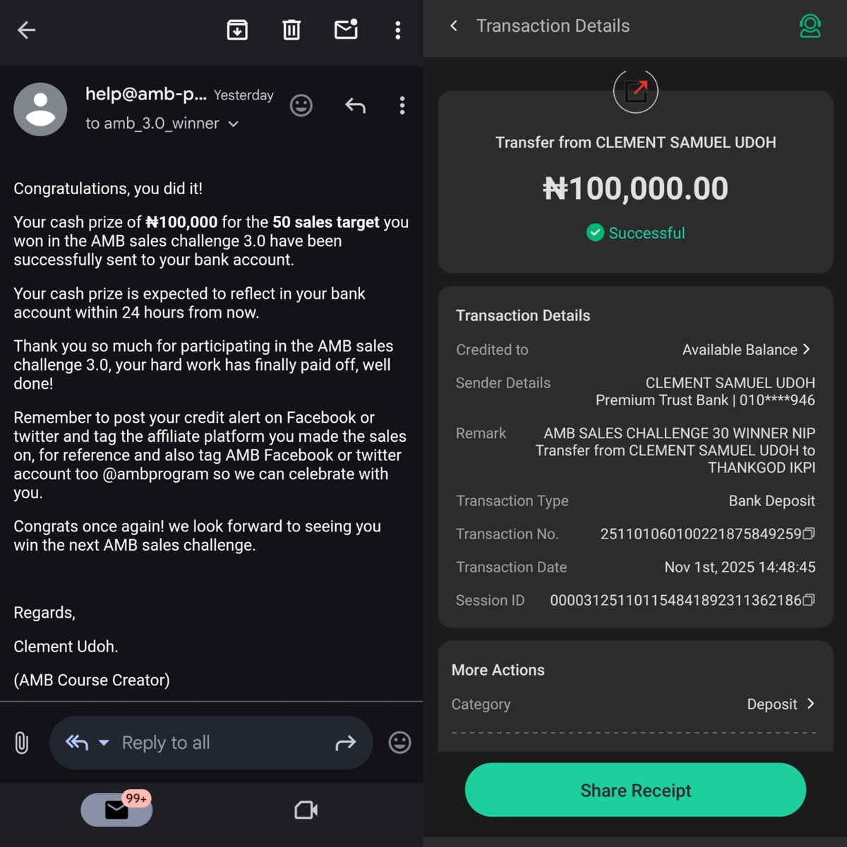 ThankGod_ikpi's tweet photo. 50 sales challenge won ,cool 100k cash prize sitting well in my account @ambprogram Thanks for this opportunity @_clementudoh  thank you for this wonderful program. More sales challenge to win. Thank you jesus. https://t.co/Lk2kfFszTm