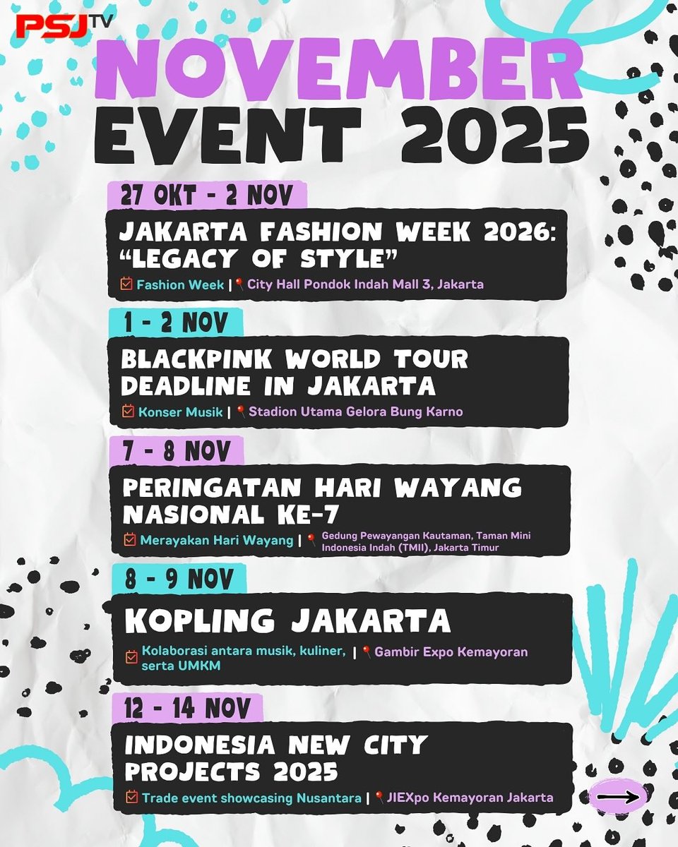 tv_psj's tweet photo. Event di bulan November 2025 ini nih Sobat PSJ!🔥
#EVENT #NOVEMBER #2025 #psjinfo #psjupdate #psjtv #prideandsoulofjakarta https://t.co/1PnDA3lsHB
