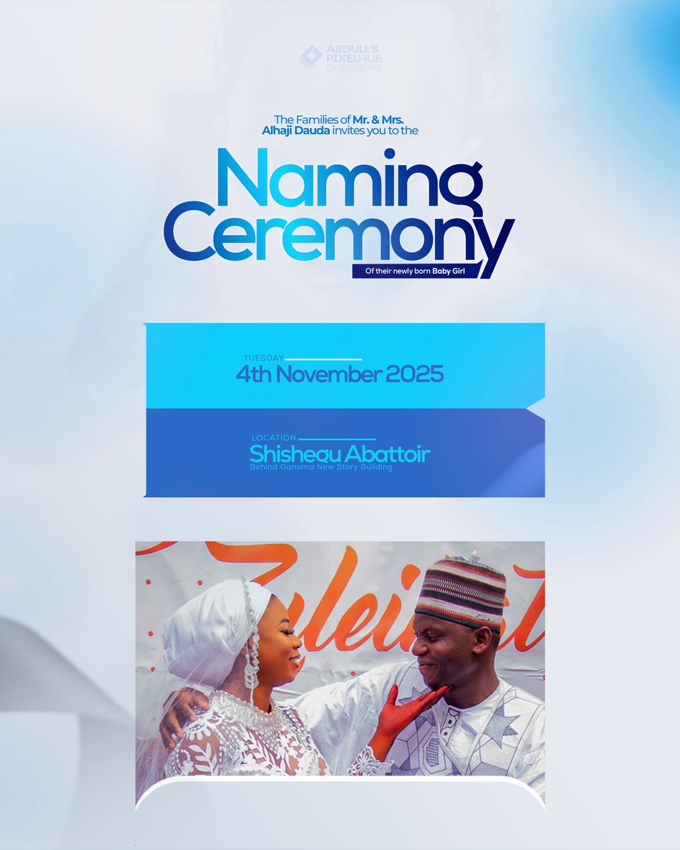abdulwasir_1's tweet image. Designed this naming ceremony flyer that captures warmth, purity &amp;amp; joy. Every detail, from color to typography, was crafted to reflect love, peace &amp;amp; celebration.
Design is storytelling, even in the simplest moments. 💙

#FlyerDesign #GraphicDesign #CreativeDesigner