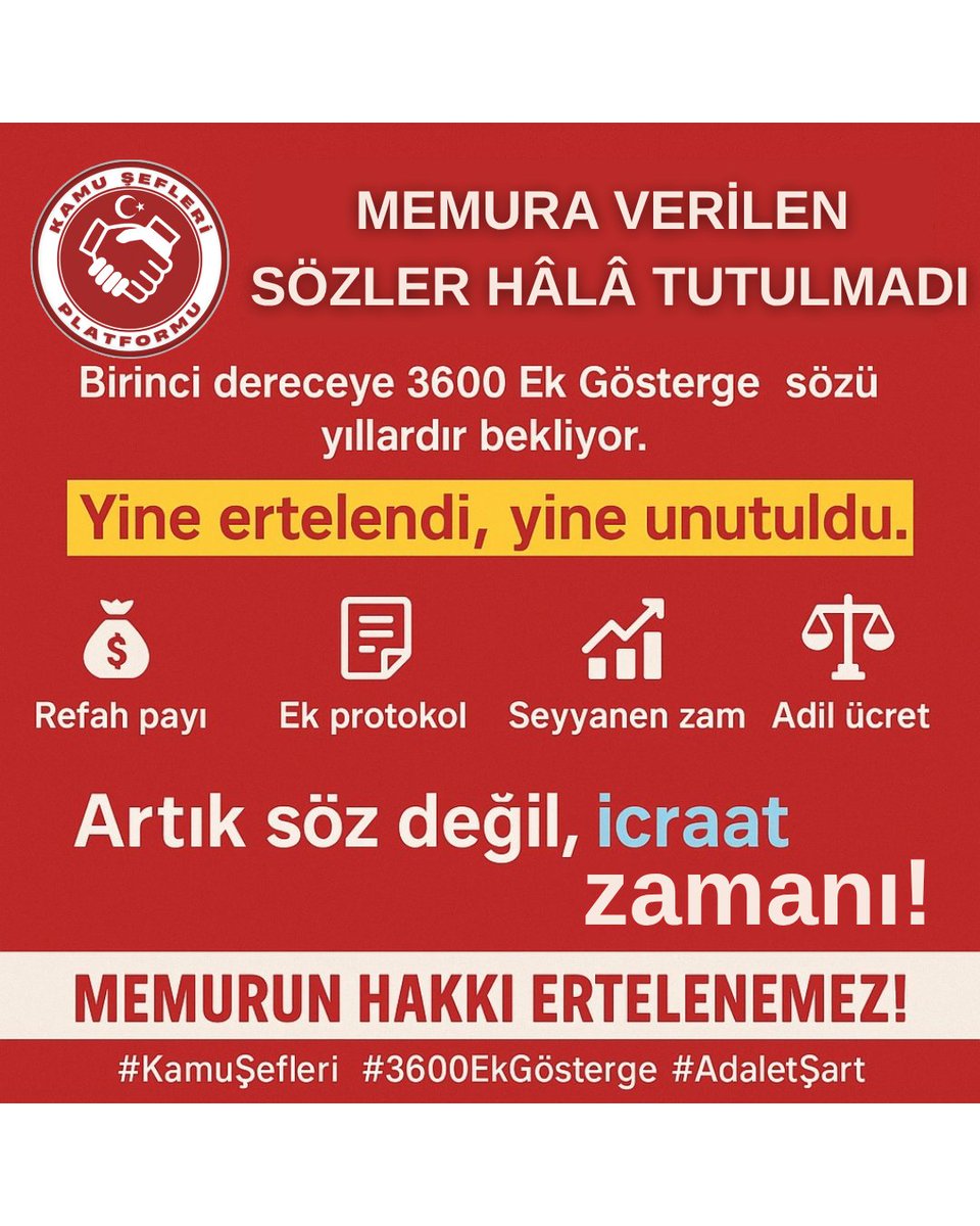 📉 Memurun Sabrı Tükendi!
💸 Refah Payı, 💰 Seyyanen Zam, 👔 Birinci Dereceye 3600 Ek Gösterge
ve ⚖️ Adil Maaş Düzenlemesi artık gecikmemeli!

#MeclisteMemuraEkProtokol
#KamuŞefleri

<a href="/RTErdogan/">Recep Tayyip Erdoğan</a>  <a href="/_cevdetyilmaz/">Cevdet Yılmaz</a> <a href="/isikhanvedat/">Prof. Dr. Vedat Işıkhan</a> <a href="/memetsimsek/">Mehmet Simsek</a> <a href="/omerrcelik/">Ömer Çelik</a> <a href="/efkanala/">Efkan Âlâ</a> <a href="/_aliyalcin_/">Ali YALÇIN</a>