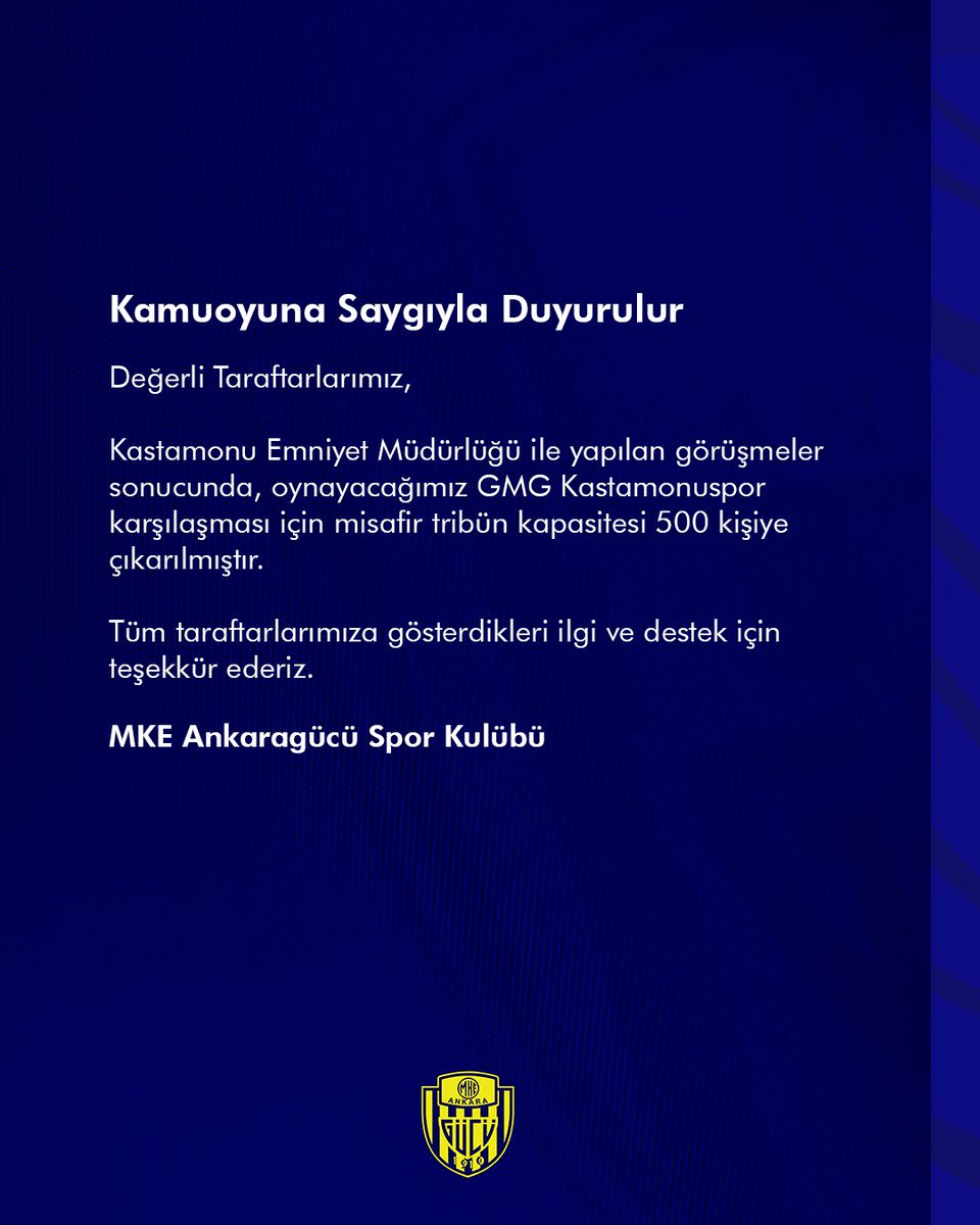 Değerli Taraftarlarımız,

Kastamonu Emniyet Müdürlüğü ile yapılan görüşmeler sonucunda, oynayacağımız GMG Kastamonuspor karşılaşması için misafir tribün kapasitesi 500 kişiye çıkarılmıştır.

Tüm taraftarlarımıza gösterdikleri ilgi ve destek için teşekkür ederiz.

MKE Ankaragücü