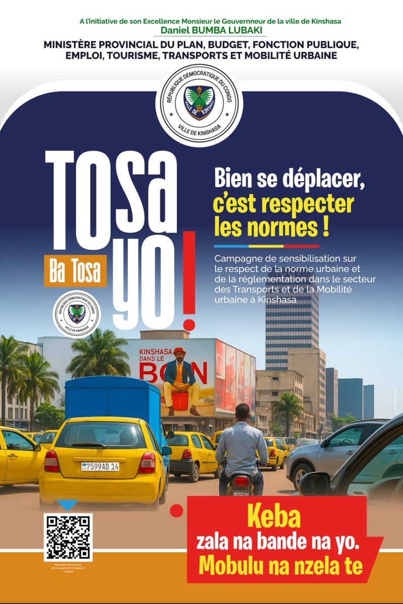 #KINSHASA| La mobilité urbaine commence par la discipline de chacun.
🚦 Respectons les normes, gardons Kinshasa fluide et sûre.
#TosaYo #MobilitéUrbaine #KinshasaDansLeBon

<a href="/KinMinProv_Plan/">Min Plan,Budget,F.P,Emploi,Tourisme,Transports&M.U</a>