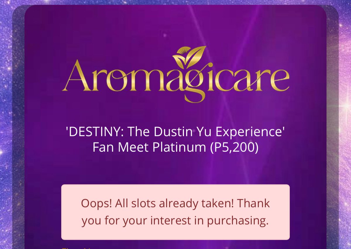 ALL PLATINUM SLOTS ALREADY TAKEN!

Should there be new open slots, we will announce how to directly purchase them. 

But as of now, PLATINUM TIER is officially closed. ✨🍃

#DustinYuXAromagicare #DustinYu #Aromagicare
