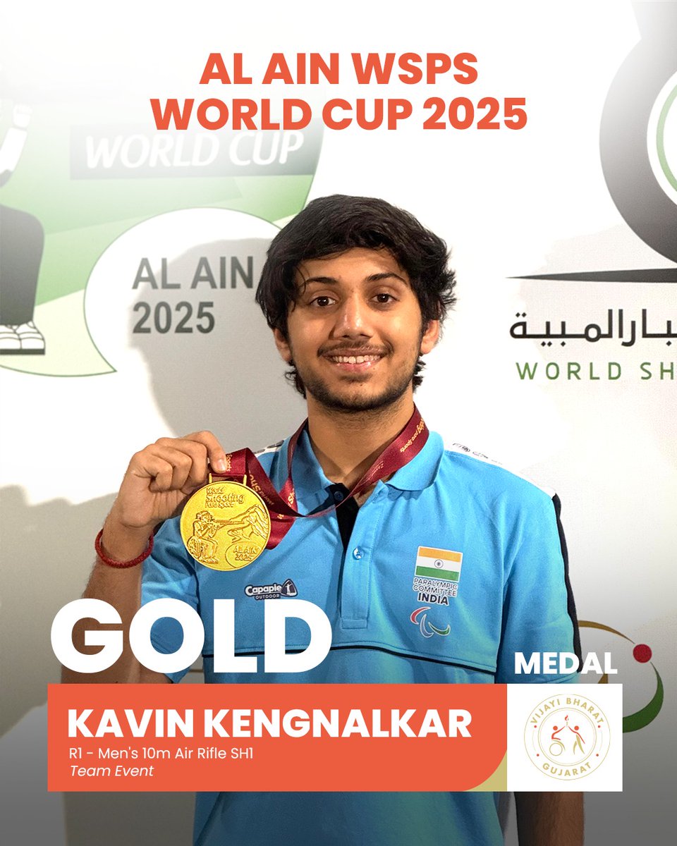 VijayiBharat_SA's tweet photo. Team India shoots to glory! 🇮🇳
Gold in R1 – Men’s 10m Air Rifle Standing SH1 at the 2025 Para Shooting World Cup, Al Ain! 🎯

Kavin Kengnalkar (VBF) &amp; team fire 1838.7 to top the charts! 🔥

#ParaShooting #TeamIndia #VBF #VisionOlympics #VijayiBharatFoundation https://t.co/D8wxhUgWlJ