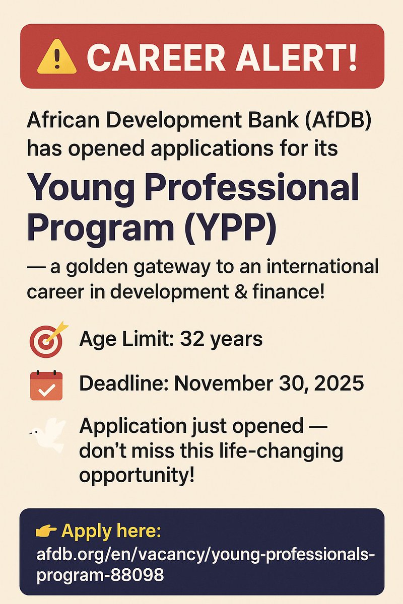 YorubaProjobs's tweet image. 🚨 CAREER ALERT! 🌍

The African Development Bank (AfDB) has opened applications for its Young Professional Program (YPP), a golden gateway to an international career in development &amp;amp; finance! 💼✨

👉 Apply here: afdb.org/en/vacancy/you…

#AfDB #YPP #CareerOpportunity