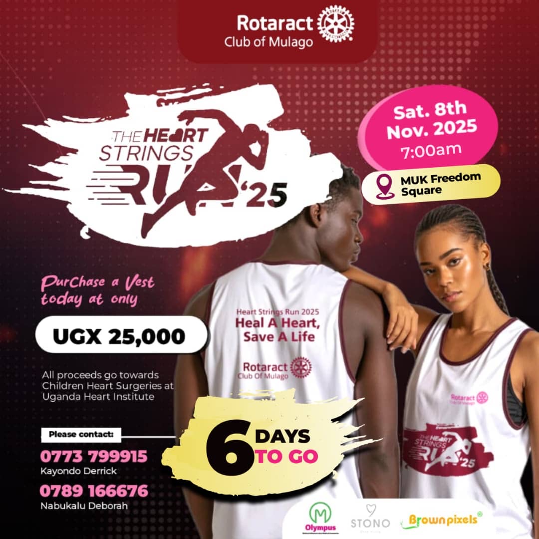 A small gesture can mend the biggest hearts.💕 

Let's come together for the Heart Strings Run 2025 and support life-saving heart surgeries for children at the Uganda Heart Institute.

🗓️ Date: Saturday, 8th November 2025
⏰ Time: 7:00 AM
💰 Donation: UGX 25,000 per vest