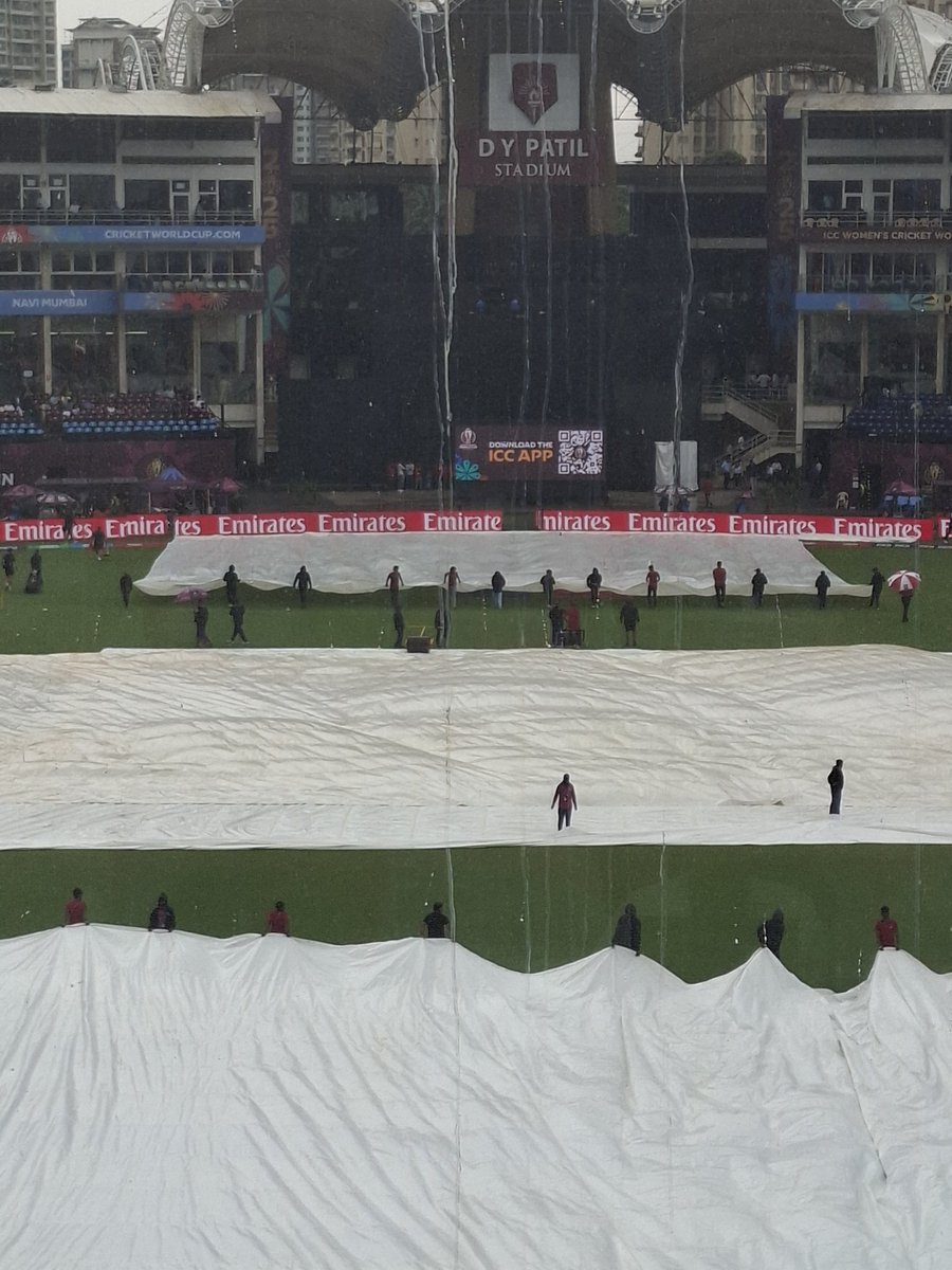 Steady drizzle. Players back in the hut. Start to be further pushed back #CWC25