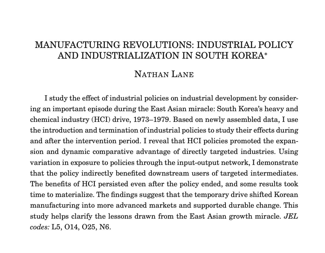 [Reading Group IP week 6] Last week, we covered the 2025 QJE paper by N. Lane, "Manufacturing Revolutions: Industrial Policy and Industrialization in South Korea." 
He studies the impact of Korea's Heavy and Chemical Industry (HCI) drive in 1973–1979 to understand whether