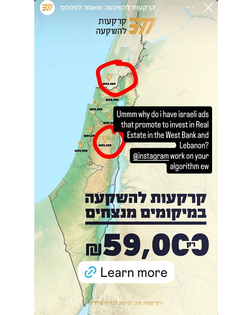 ireallyhateyou's tweet photo. "Land for investment in winning locations"

New ads on Facebook and Instagram offer Israelis to invest in land, including properties in the Occupied West Bank and in Lebanon (!)

The small print in the bottom says "The lands are not available for immediate development"

Image taken from an Instagram post by an Israeli. The text on the image is from the original post.