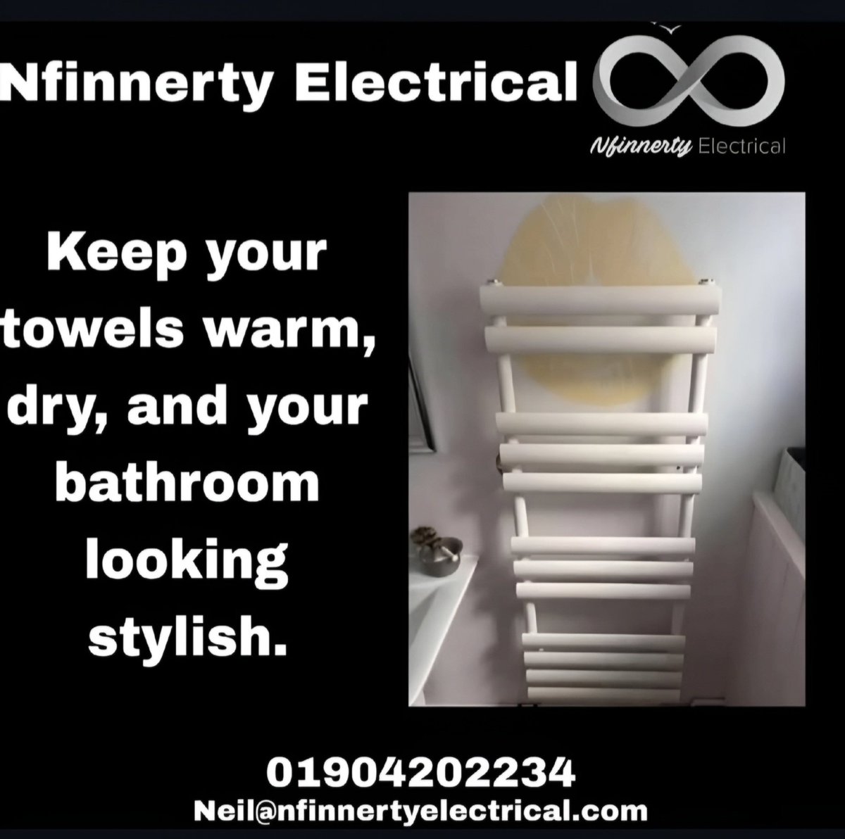 Installing a heated towel rail? Our licensed electricians ensure safe, compliant, and mess-free installations. 
Book today for expert service and total peace of mind.

01904202234
Neil@nfinnertyelectrical.com
