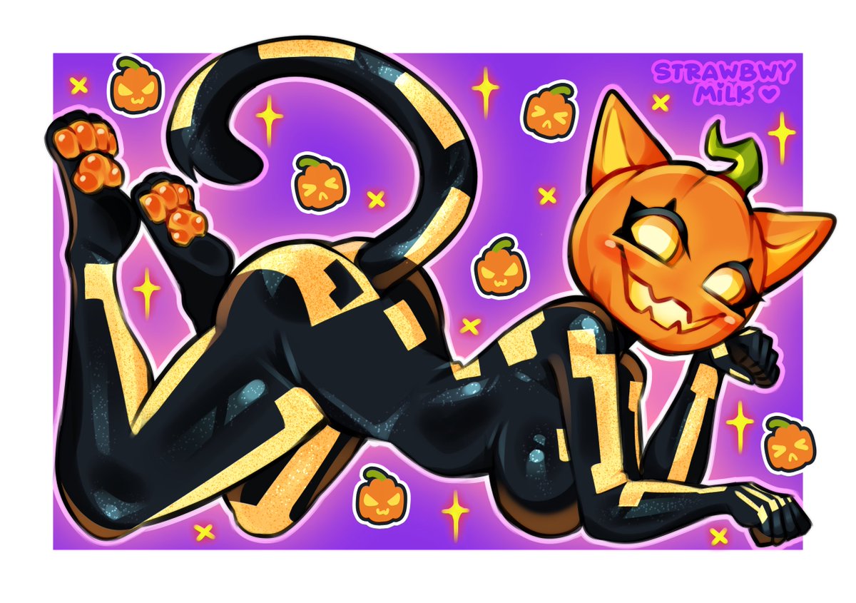 strawbwymilk_'s tweet image. pumpkin spice cat !! 🎃🧡💜