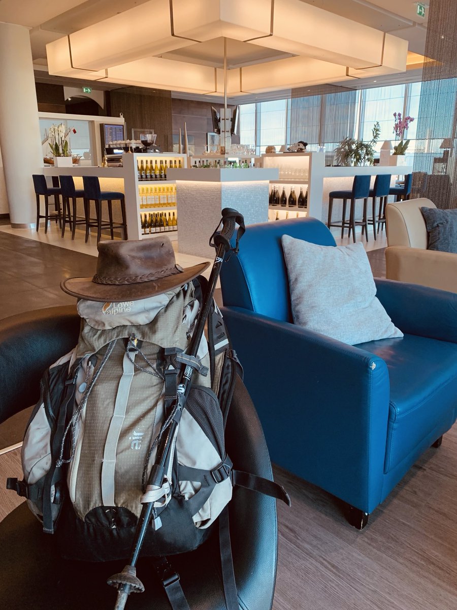 Hat, backpack and a champagne breakfast in Gulf Air lounge Heathrow: and so the next adventure begins…