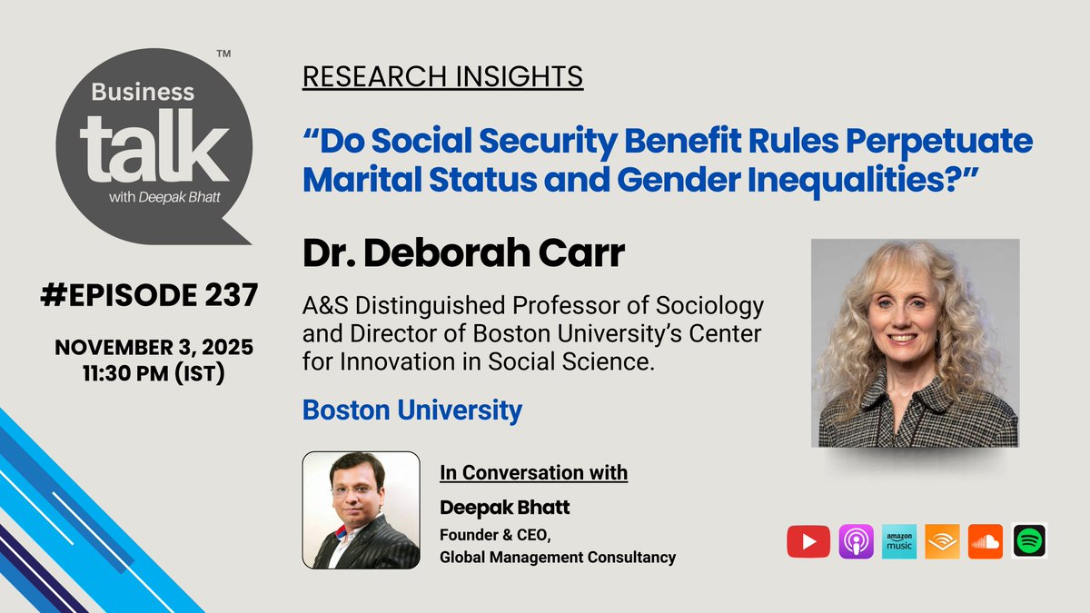 Honored to welcome Dr. Deborah Carr, Director of the Center of Innovation in Social Science &amp; A&amp;S Distinguished Professor at <a href="/BU_Tweets/">Boston University</a>, on our upcoming podcast! Hear Dr. Carr on Social Security, inequality, and healthy aging.