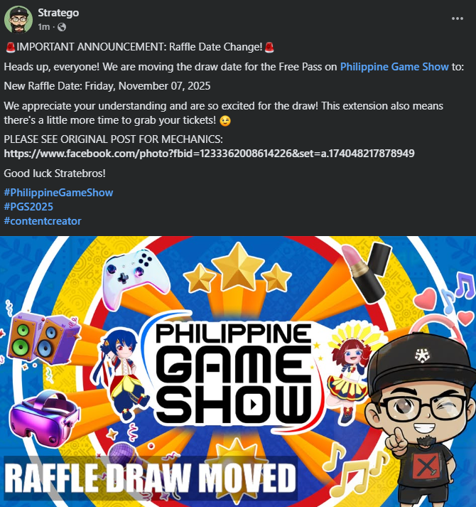 Announcement!! RAFFLE DATE MOVED!!
Please see post here:

facebook.com/photo?fbid=123…

#streamer 
#streaming 
#raffle 
#pgs2025
#Philippinegameshow