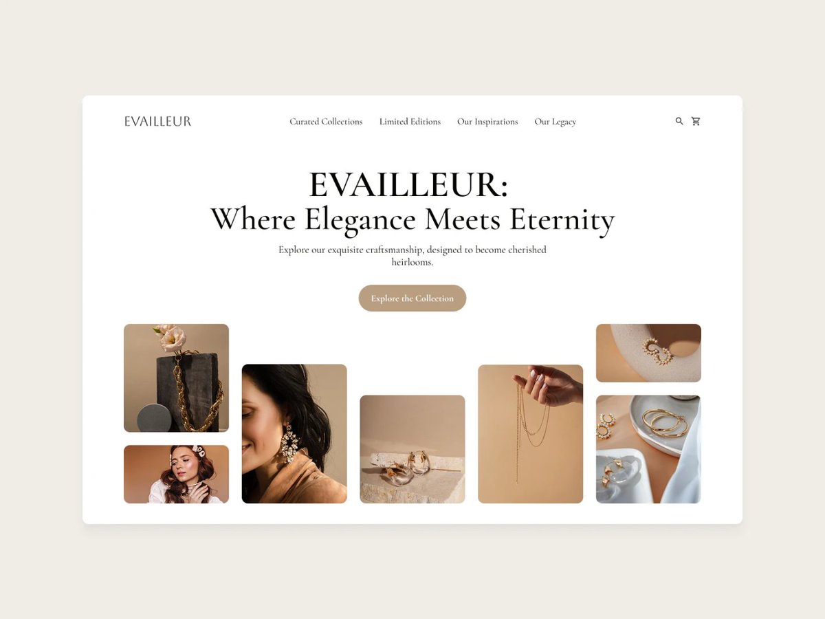 gokmenbekar's tweet image. Dipping my toes into luxury e-commerce UI!
Here's a quick concept for EVAILLEUR, a fictional jewelry brand. Just a small exploration into clean layouts & elegant typography.
Would love to hear any thoughts!
#UIUX #WebDesign #DesignConcept #Elegance