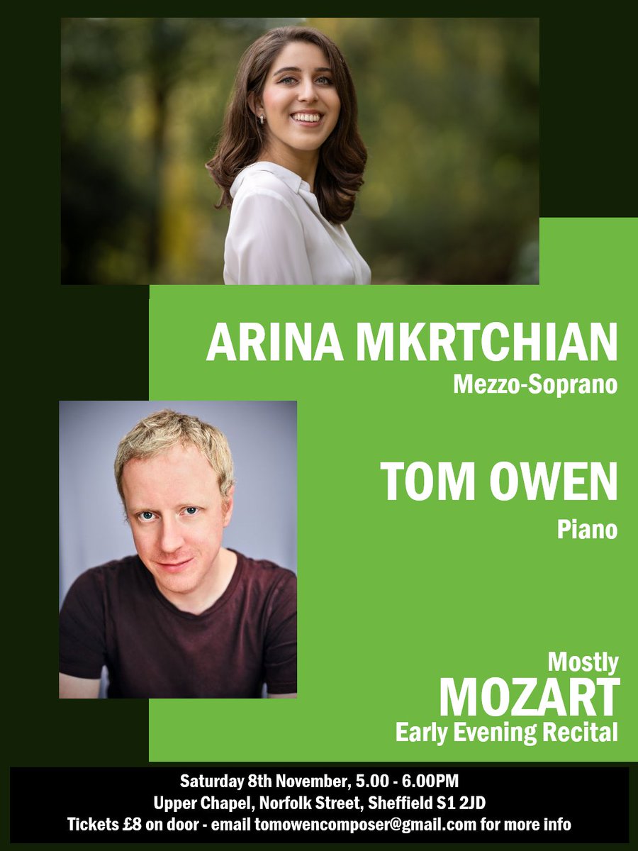Coming up in #Sheffield this Saturday: our friend Tom Owen (piano) will perform an early-evening recital with mezzo-soprano Arina Mkrtchian. Their hour-long concert will include lieder and opera excerpts.

Sat. 8th November, 5pm in the Upper Chapel, Sheffield S1 2JD. Tickets £8