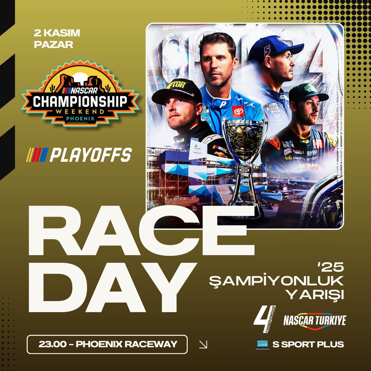 🏆 NASCAR'DA ŞAMPİYON BELLİ OLUYOR!

🏜️ Phoenix'te Bill France Kupası için Denny Hamlin, Chase Briscoe, William Byron ve Kyle Larson kozlarını paylaşacak!

#Championship4