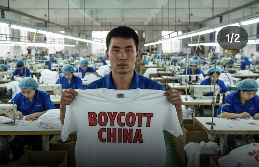 AsennaWealth's tweet photo. Chinese factory receives  100,000 Boycott China t- shirt order..... carry on. 😂 https://t.co/sEFIHrECdn